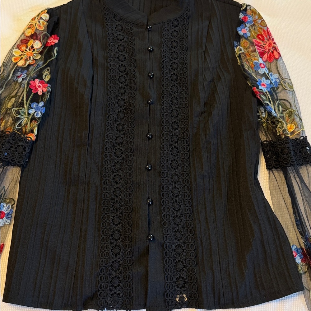 Boho Sheer Mesh Floral Embroidered Button Down Up Shirt Top Blouse Black US 4 - Picture 7 of 13